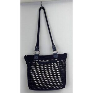 The Sak Navy Crochet Tote Bag With Zipper Pocket & Shoulder Straps